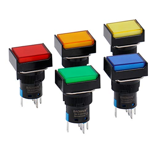 Baomain 16mm Push Button Switch Momentary Rectangular Cap LED Lamp Red Yellow Orange Blue Green Light DC 12V SPDT 5 Pin 5 Pack