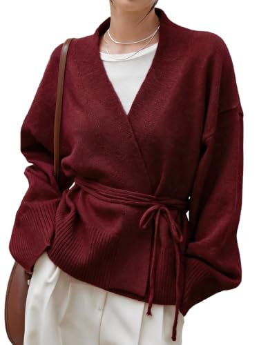 Image of WDIRARA Women's Wrap Long Sleeve Tie Front Cardigan | V Neck, Belted Sweater, Casual, Long Sleeve, Tie Waist, Knit Top