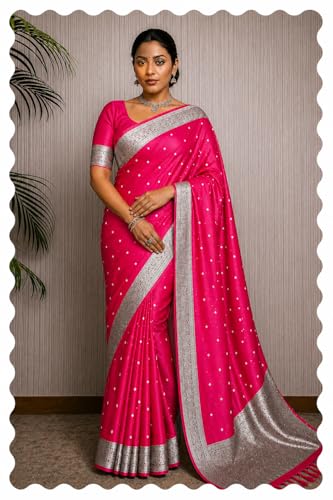 Image of Women's Glory Kanjivaram Banarasi Silk Saree with Polka Dot Embroidery Blend Woven Zari with Jacquard Woven Unstitched Blouse Piece.