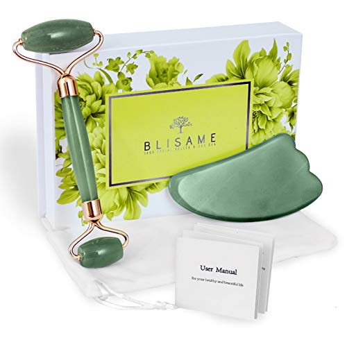 Blisame Jade Roller & Gua Sha Set Facial Beauty Tools, Face Roller Skin Massager for Face, Neck and Eye Treatment Facial Roller for Skin Care Routine - Natural Jade Face Roller
