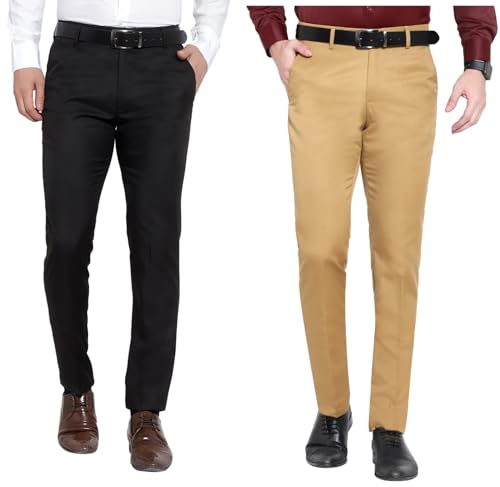 Image of The PS Men's Formal Regular Fit Cotton Blend Black, Dark Grey Combo Trouser (Pack of 2)