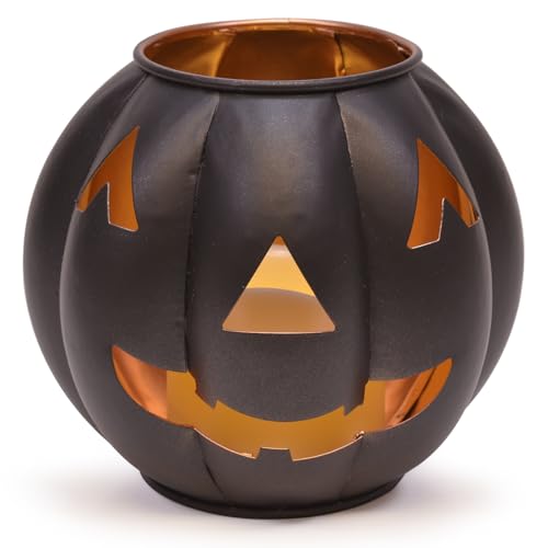 Metal Jack O Lantern Pumpkin Flamless LED Candle Lantern 5 Inch Black with Gold Interior