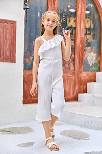 Jaygate Girl's One Shoulder Romper Ruffle Trim Sleeveless Wide Leg Back Zipper Flounce High Waist Casual Jumpsuit Pants #TOP4