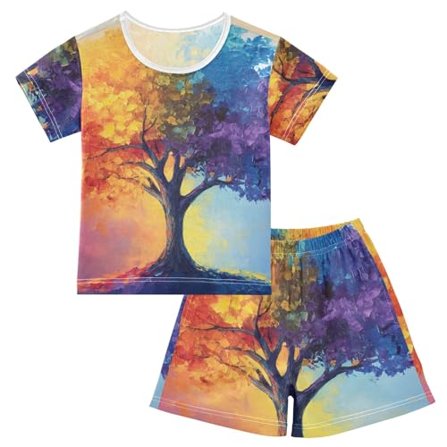 CHIFIGNO Colorful Tree Soft Short SleevePyjamas, Pajamas Set with Pocket 5Y
