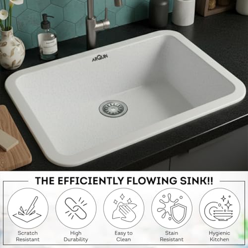 Image of ARQUIN Quartz Kitchen Sink 24x18x9 Inch Sand Pluto Round Corner | Single Bowl Sink | Durable & Scratch-Resistant | Undermount /Topmount Including Coupling, Waste Pipe & Fruit Washing Basket