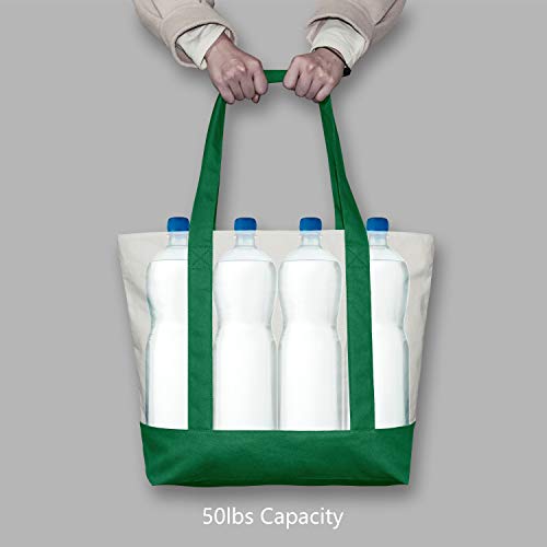 Image of TOPDesign 30-Pack Canvas Tote Bags with an External Pocket, Reusable Grocery Shopping Bags, Top Zipper Closure, Daily Essentials (Green /Natural)