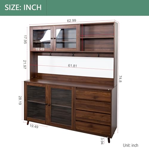 Image of Farmhouse Kitchen Pantry Cabinet, 74.8 inch Tall Freestanding Cupboard with Multi-Tier Storage Rack and Microwave Stand for Kitchen, Dining Room, Walnut