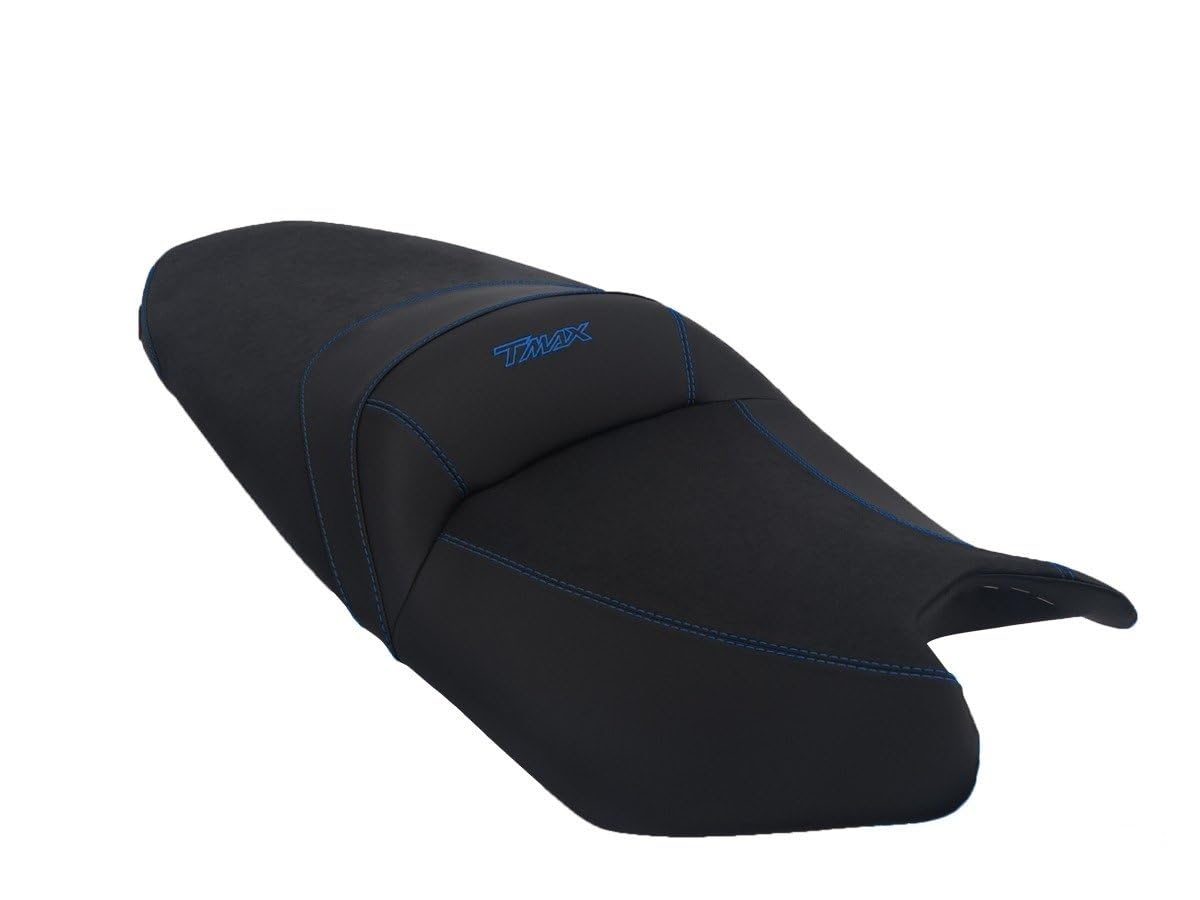 Funda de Asiento Compatible con Yamaha T-MAX 530 2017-2019 Negra con Costuras Azules y Logo Azul