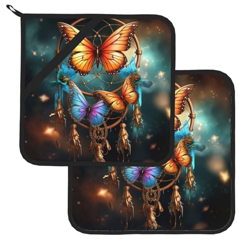 DJUETRUI Dream Catcher - Juego de 2 soportes para ollas con estampado de mariposa, cuadrados, lavables, resistentes al calor, almohadillas calientes para horno, con bolsillos, impermeables