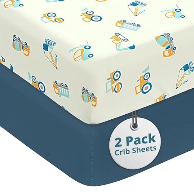 Crib Sheets for Boys - Super Soft & Breathable Toddler Sheets, Portable Crib Fitted Sheet for Boys, 4 Way Stretch Knitted Fitted Crib Sheet, Baby Bedding, 2 Pack - Car & Estate Blue