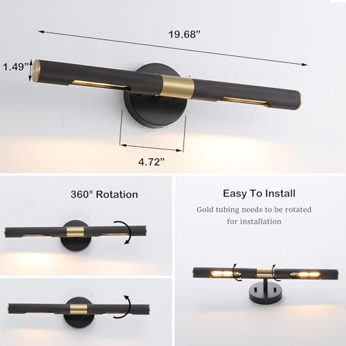 Image of Modern Picture Light 19 inches Brushed Brass Gold Black Wall Sconce with Knurled Texture Cylinder Metal Shades Rotatable 360Indoor Wall Lighting Fixture for Bathroom Vanity Lights Bedroom