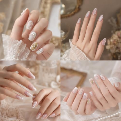 Image of White Lace Nail Stickers Decals Carved Nail Decals Flower Nail Art Stickers | 5D Embossed Self Adhesive Gold Frame Floral Rhinestone Design Nail Decals for Women Manicure Decor Accessories Supply 1 Sheet