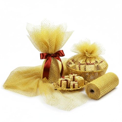 Image of Asian Hobby Crafts Fabric Mesh Net, DIY Craft Material for Bouquets, Gift Wrapping, Trousseau Packing, Party Decorations, Sweet Boxes, Gift Decoration, Home Decor & Creative Projects - 10 Metre Golden
