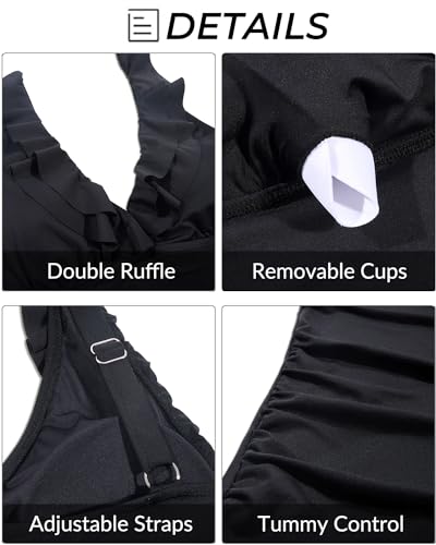 Image of Ruffle V Neck Tankini Top Only Women Tummy Control Swimsuit Tank Top | Removable cups for custom bust lift, Blend soft spandex to stretch easily