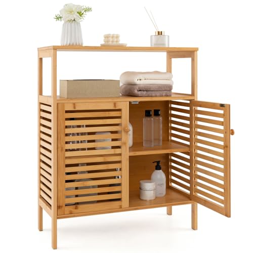 Giantex Storage Cabinet Bamboo Bathroom Floor Cabinet with Double Louvered Doors Open Shelf & Removable Shelf Freestanding Cupboard Storage Organizer for Entryway Living Room Kitchen