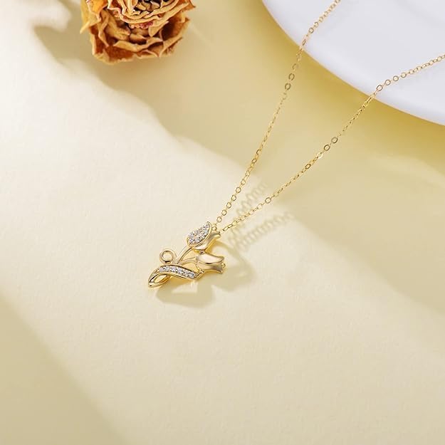 Rose Necklace for Women 14K Solid Gold Rose Pendant Necklace Flower Jewelry Wedding Birthday Gifts for Her Girlfriend Mom Wife,16+2Inch - Image 5
