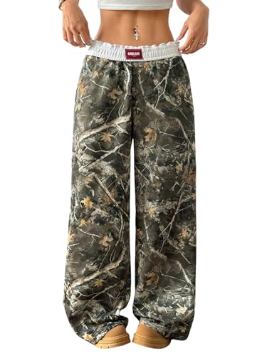 GORGLITTER Pantalones de camuflaje para mujer Y2K holgados de pierna ancha, pantalones de ocio con bolsillos, pantalones largos de jogging, hip hop, pantalones deportivos elásticos de cintura, Verde