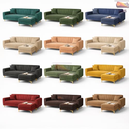 Image of SRMS Golden Legs 4 Seater L Shape Velvet Fabric Sofa Set with Four Cushions | Perfect for Home Office Guests Living Room | Sofa Set for living Room | 74 x 32 x 30 inches | Orange