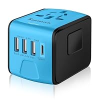Travel Adapter Worldwide,SAUNORCH Universal International Power Plug Adapter W/2.4A 3xUSB-A and 3.0A Type-C Wall Charger, European Travel Plug Adapter for Europe UK EU US CA Italy Asia-Blue