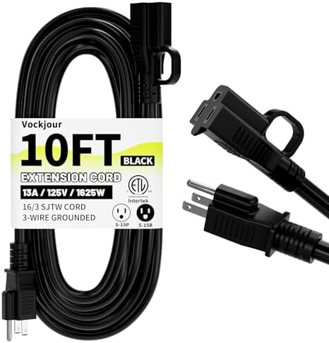 Vockjour 16/3 Black Indoor Outdoor Extension Cord 10 Ft Waterproof