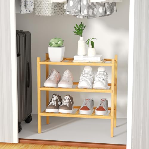 image for ROMGUAR CRAFT 3-Tier Bamboo Small Shoe Rack, Free Standing Wood Shoe S