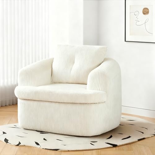 Hretanant 36.6" Swivel Accent Chair, 360 Degree Oversized Swivel Barrel Chair for Living Room, Modern Corduroy Upholstered Accent Armchair Comfy Boneless Sofa Chair for Bedroom, Beige