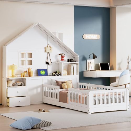 (incomplet box 2 of 2 only box )Kids Floor House Bed with Fences and Drawers, Twin Size Platform Bed with Storage Headboard, Shelves, Sockets & USB for Kids (White)