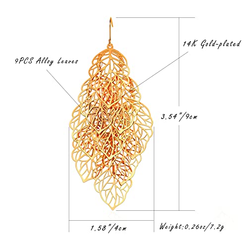 14K Gold Plated Leaf Dangle Earrings for Women Big Gold Statement Drop Earrings2