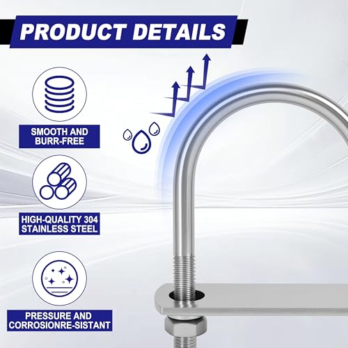 Image of 2 Sets M10 U Bolts 2-1 /2 Inch Wide, 3 /8 inch x 2-1 /2 inchW x 5 inch L | 304 Stainless Steel U Bolt Heavy Duty for boat trailer with Nuts, Bolt Plate and Washers,u bolts 2.5 inch wide,Metric bolts