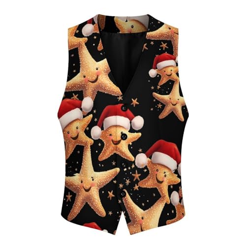 Cute Starfish With Santa Hats Men's Formal Suit Vest for Business Formal Or Casual Dress Waistcoat Wedding4