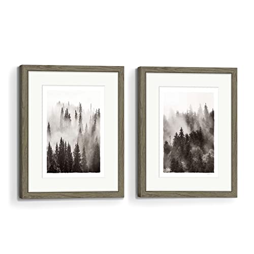 Arte de pared del bosque enmarcado para dormitorio: blanco y negro Sala de estar Misty Tree Picture 2 piezas de 11 x 14 pulgadas Moderno Baño Naturaleza Paisaje Impresión Vertical Casa Paisaje