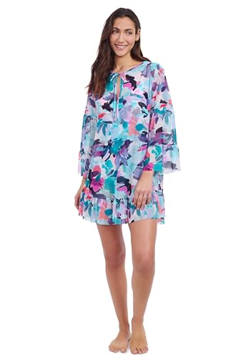 Profile by Gottex Holi Women's Multi Abstract Print Mesh Swim Dress Lightweight Cover-Up with Flounce and 3/4 Sleeves