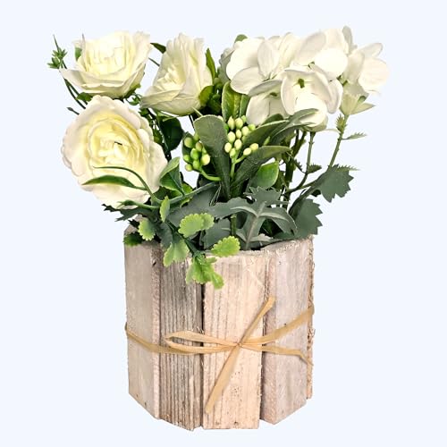 Image of Cortina Wooden W Pot Mixed Flower | Home Decor Items for Living Room Balcony Kitchen Bedroom Office Table Top Decoration - Green, 20X10