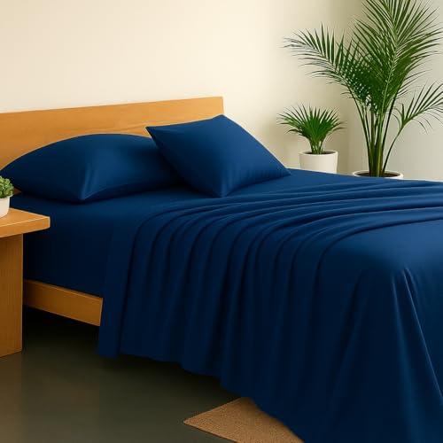 Image of 100% Cotton Printed Bedsheets - Flat Sheet with 2 Pillow Cover Comfortable & Durable Sheet for King Size Bed Navy Blue, 300 TC