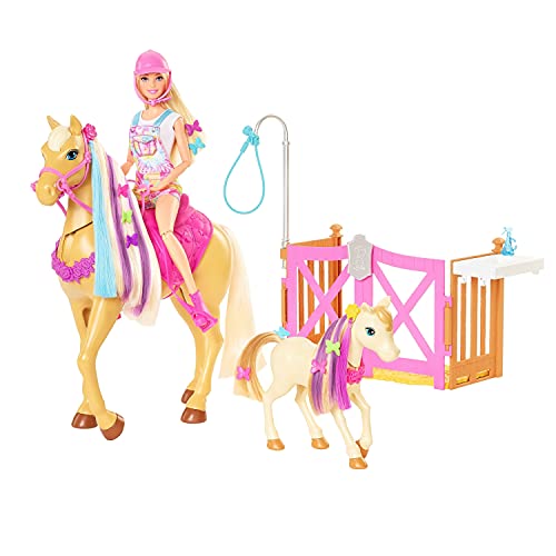 Barbie GXV77 - Frisier- und Reitspaß, Reitset mit Pferd, Pony, Puppe und über 20 Zubehörteilen, für Kinder ab 3 Jahren