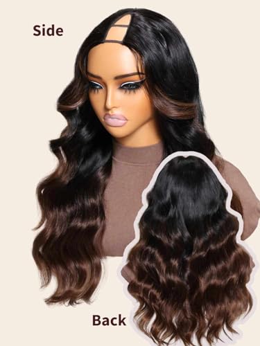 Image of Beauty Forever V Part Wig Human Hair Black to Chestnut Brown Ombre Body Wave Wig Upgrade U Part Wigs Glueless Full Head Clip In V Shape Wigs No Leave Out None Lace Front Wig 150% Density 24inch
