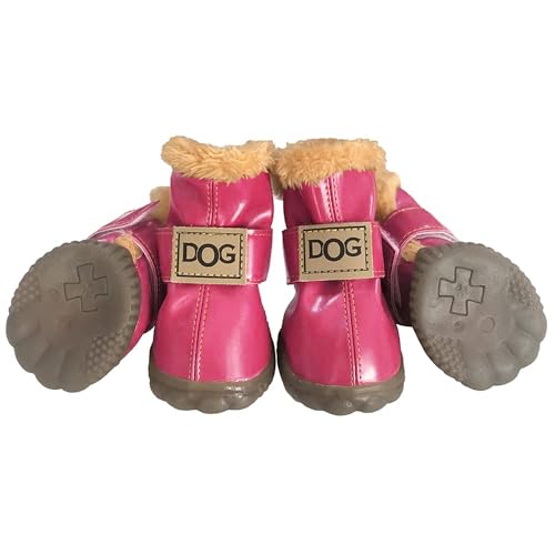 Winter Dog Boots & Paw Protectors: Outdoor Anti-Slip Dog Snow Shoes, Dog Booties Provide Warmth to Dogs Paws from Ice and Snow, Rubber Sole PU Leather Upper Faux Fleece-Lined, Pink Dog Shoes Size 2