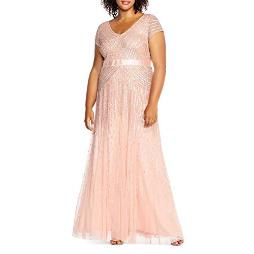 Image of Adrianna Papell Womens Plus Size Floor Length Beaded Cap Sleeve V-Neck Dress