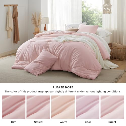 Image of Bedsure Comforter Set Full Size - Cotton Fabric with Microfiber Inner Fill, Light Pink PureWoven Soft Bed Set for All Seasons, 3 Pieces, 1 Comforter (82 inch x 86 inch) and 2 Pillow Cases (20 inch x 26 inch)