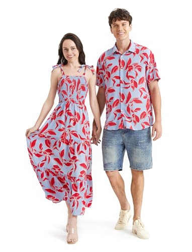 Image of PATPAT Couples Matching Hawaiian Outfits: Beach Vacation Tropical Print Women Spaghetti Strap Maxi Dress or Men Cruise Shirt