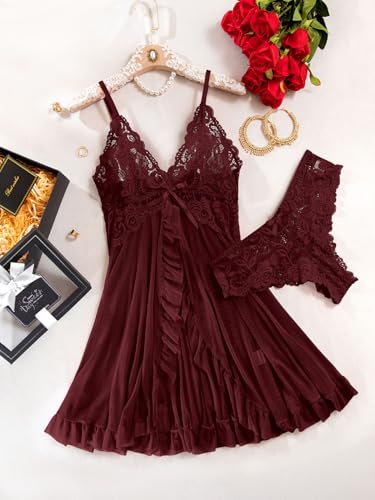 Image of Foxiny Sexy Ruffle Sheer Mesh Lace Wireless Babydoll Lingerie Dress with Thong 2 Piece