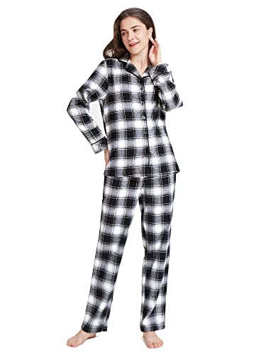 SIORO Button Up Pajama Set For Women Flannel Plaid Sleepwear Long Sleeve Shirt And Pajama Pants Soft Pjs Lounge Sets