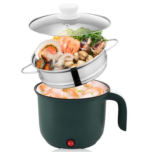 Hot Pot, pentola elettrica da 1,8 l, con piroscafo, mini antiaderente multicooker, padella elettrica, pentola portatile veloce da viaggio, pentola per pasta, ideale per cucina, dormitorio, viaggio