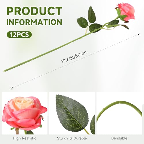 Image of Tifuly 12PCS Rose Artificial Flower, Single Stem Fake Floral Bridal Wedding Bouquet, Realistic Blossom Flora for Home Garden Party Hotel Office Decorations(Pink)