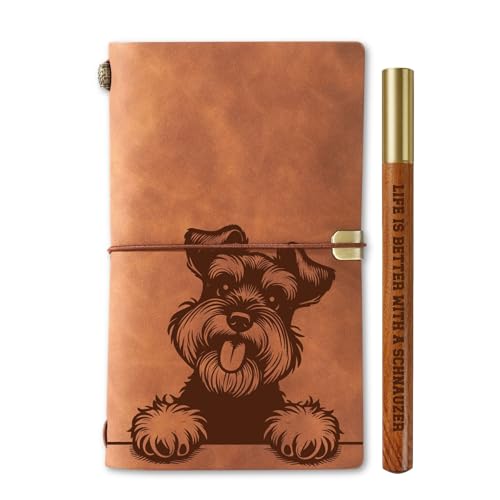 INNObeta Schnauzer gifts Leather Journal Notebook with Pen Men Birthday Refillable Sketchbook Travel Diary Lined Planner 7x5 Inches Brown