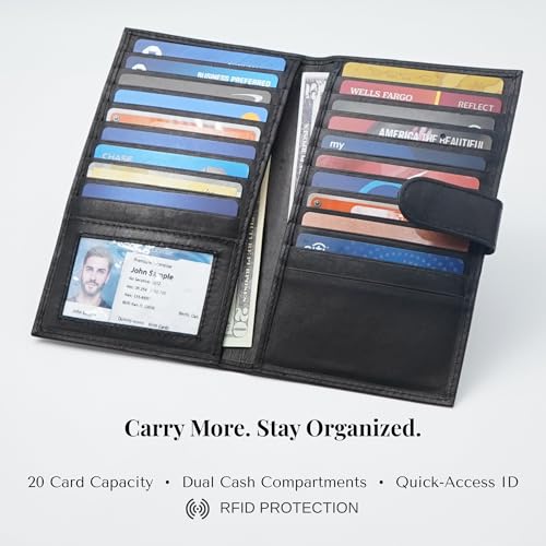 Image of Men's Genuine Leather Long Wallet RFID Blocking, 20 Card Slots, ID Window, 2 Bill Compartments, Snap Closure, Large Capacity Organizer Wallet