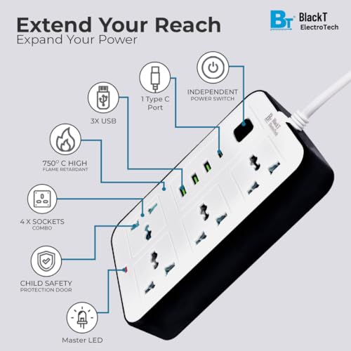 Image of Blackt Electrotech (BTPS2) Extension Board with USB - 2500W 10A Power Extension Board with 20W PD Type-C, 4 Multi Plug Socket Extension Box with Switches & Surge Protection for Home & Office - White