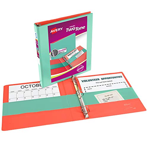 Avery(R) Two-Tone Durable View 3 Ring Binder, 1 Inch Slant Rings, 1 Mint/Coral Binder (17288) #TOP1