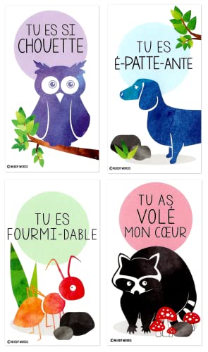 Mini cartes de Saint-Valentin avec chouette et raton laveur Nerdy Words, lot de 32
