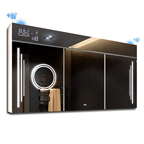 A ARTFORMA Armoire pour Salle de Bain avec Miroir et Éclairage LED | CAPTEUR, Station MÉTÉO, Prise Rasoir, Haut-Parleur A++ (Largeur 100 cm x Hauteur 72 cm, Blanc Alpin)